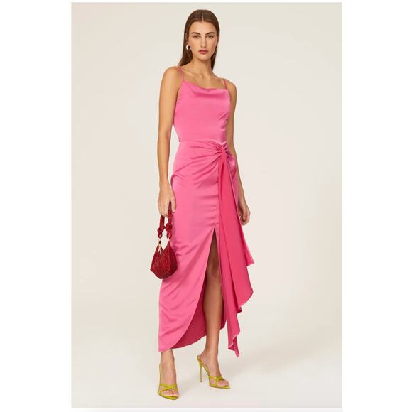 Elle Zeitoune Dress Womens X Small Pink Patrice Draped Satin Midi Slit Front - Picture 1 of 14